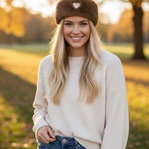 Juicy Couture Brown Faux Fur Headband Ear Warmer w/ Crystal Heart Logo